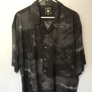 Aureus Silk Button Down Hawaiian Shirt Grey and Black Palm Leaves Short Sleeves